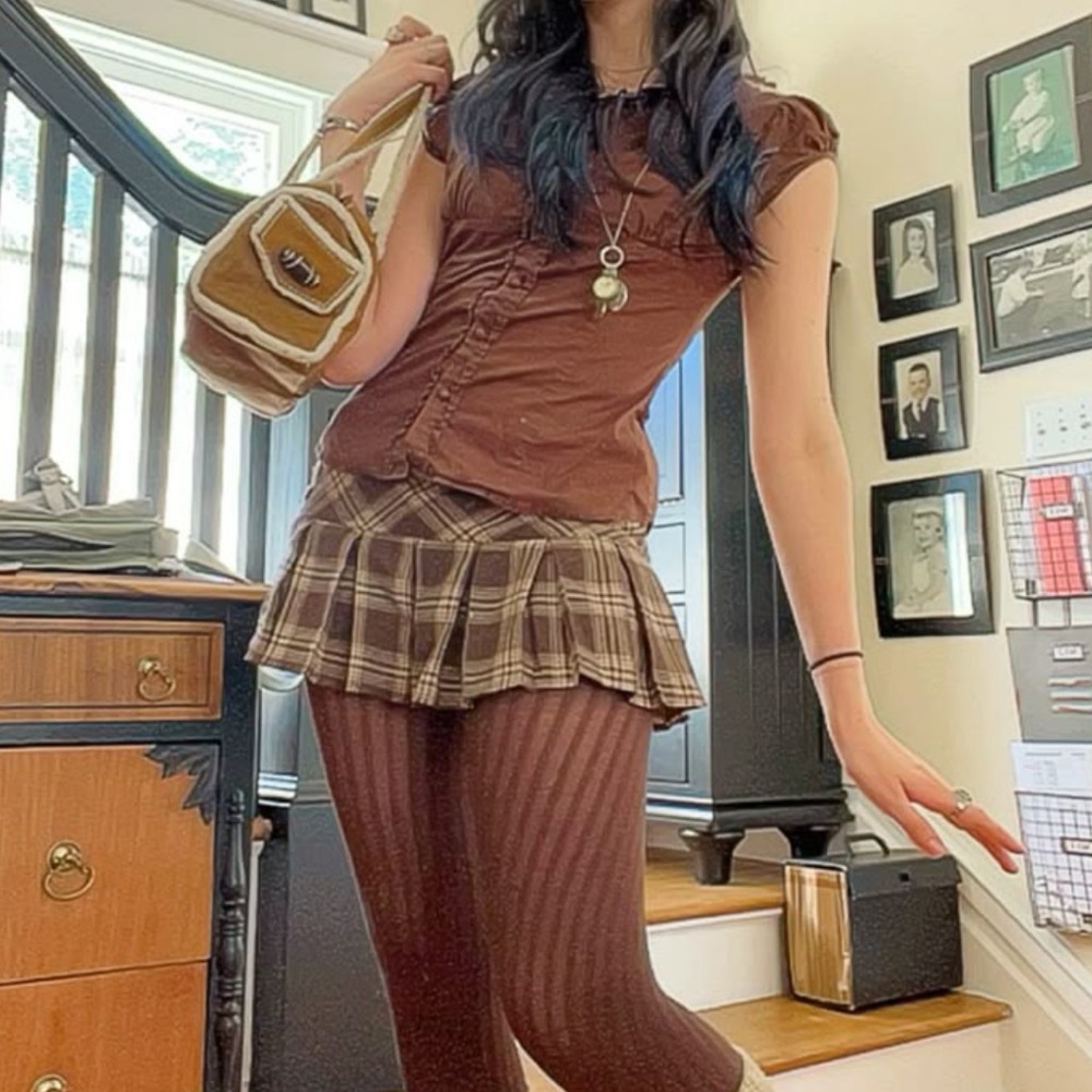 Brown Plaid Mini Skirt - Women
